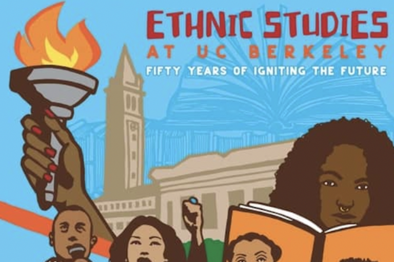 Image of Ethnic Studies UC Berkeley poster of students in front of Doe Library, one is carrying a torch