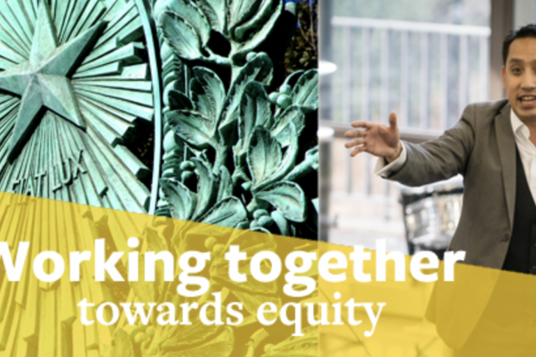 The Centers for Educational Justice & Community Engagement promo block image of sather gate that reads working together towards equity
