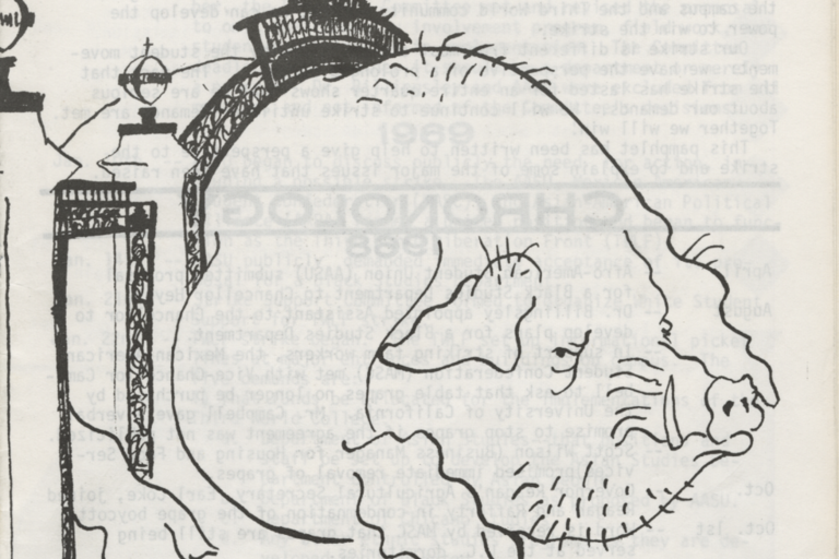 Cover of a pamphlet, depicts a large pig shoved through Sather Gate. At the bottom is a quote from Chancellor Heyns that says "Sather Gate will be kept open by any means necessary".
