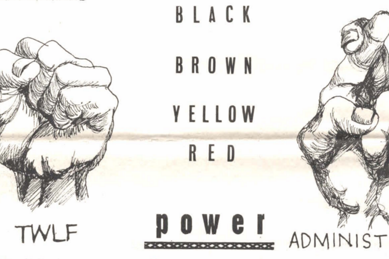 Two hands, one is in a fist that says "TWLF" underneath, and the other has its fingers crossed with "Administration" written underneath. In between the hands it says "Black Yellow Brown Red" and "power".
